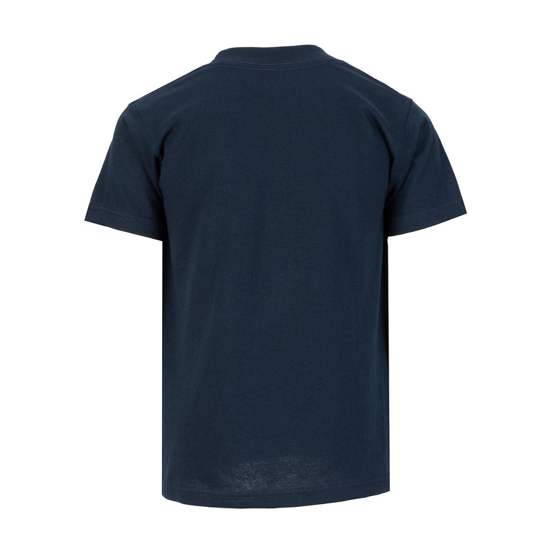 Youth navy solid crew neck T-shirt, back view, short sleeves