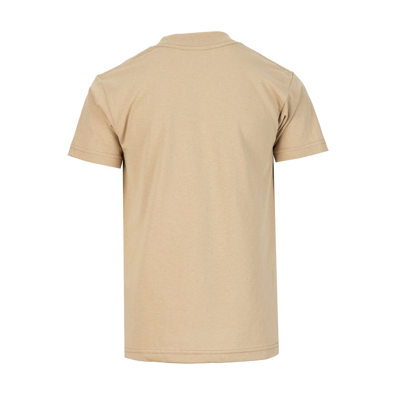 Youth khaki crew neck T-shirt, back view, short sleeves