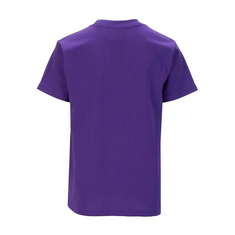 Youth purple crew neck T-shirt, short sleeves, plain back.