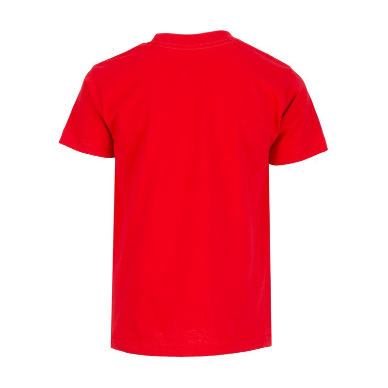 Youth red crew neck T-shirt, back view with short sleeves and ribbed collar