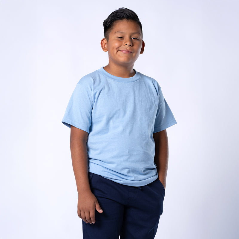Youth sky blue crew-neck T-shirt with short sleeves, solid finish