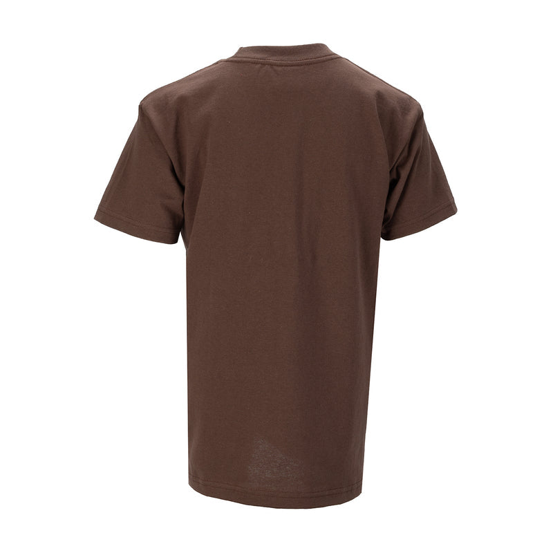 Youth brown crew neck t-shirt, back view, short sleeves