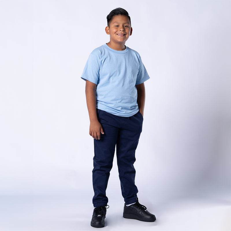 Youth sky blue crew-neck T-shirt with short sleeves, solid color, relaxed fit
