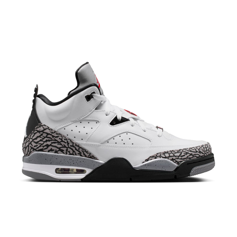 Men's low-top sneakers, white upper with black heel and elephant-print sidewall