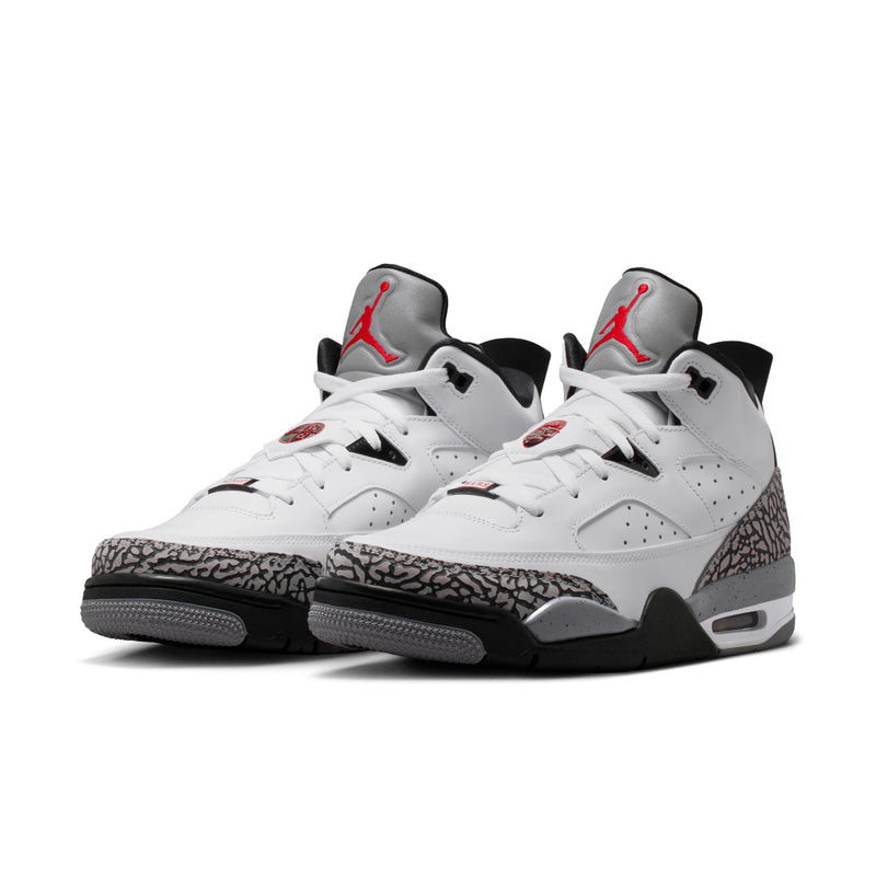 Pair of men's low-top sneakers, white uppers with black soles and red Jumpman heel logos
