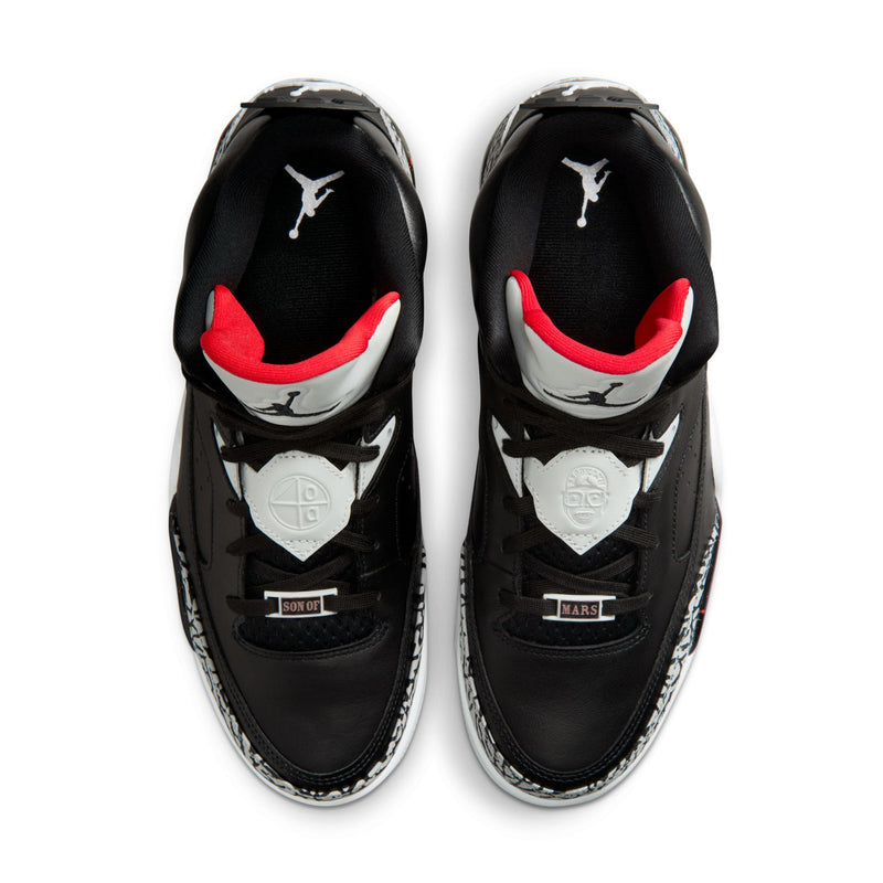 Black sneakers shown from heel with red-lined collar and Jumpman logo on the back