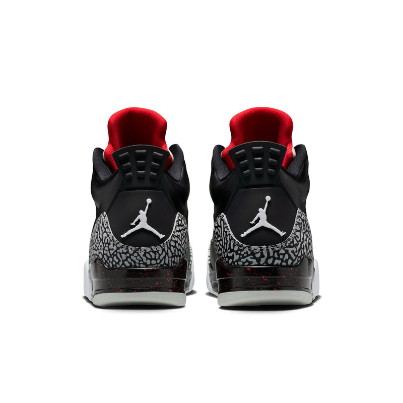 Black heel view with red collar lining, Jumpman emblem, and grey outsole underlay
