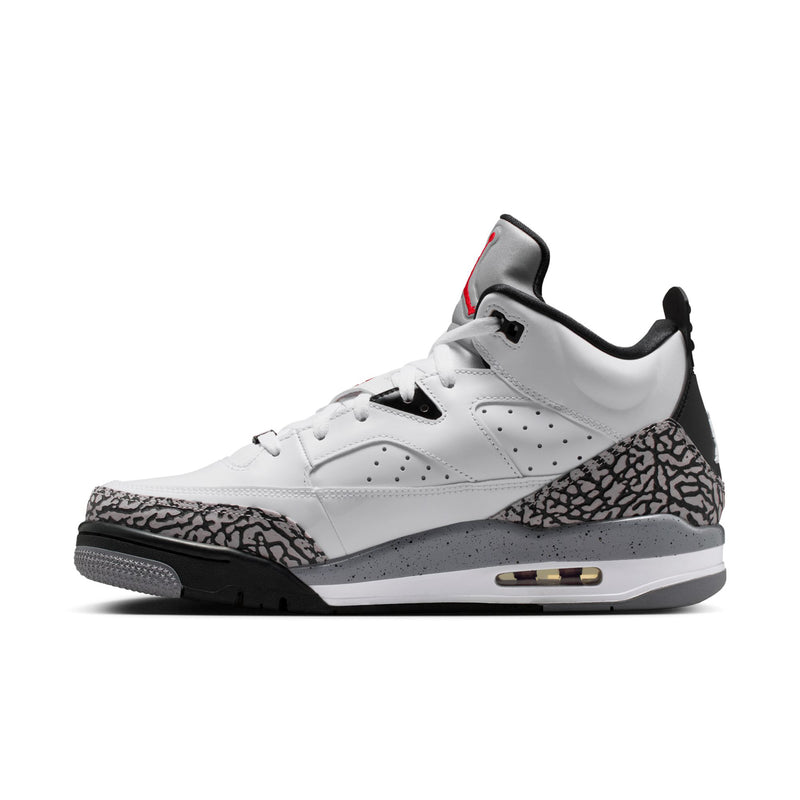 Men's low-top sneakers, white leather with black toe, red accents, elephant-print panel