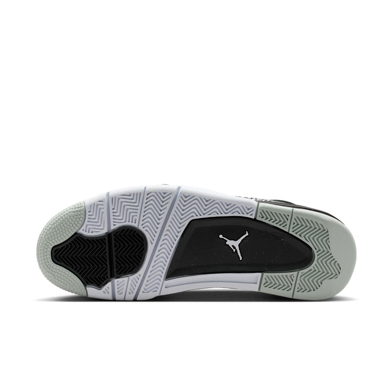 Outsole view of black-and-grey low-top sneaker with Jumpman logo and traction tread