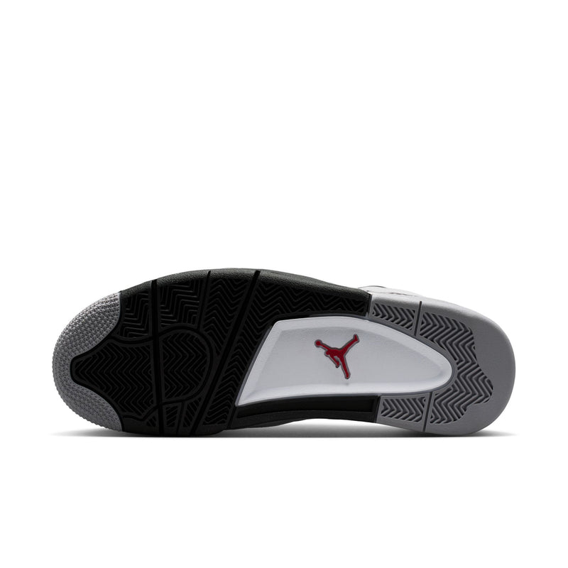 Men's low-top sneaker outsole, black and gray tread with red Jumpman logo on white