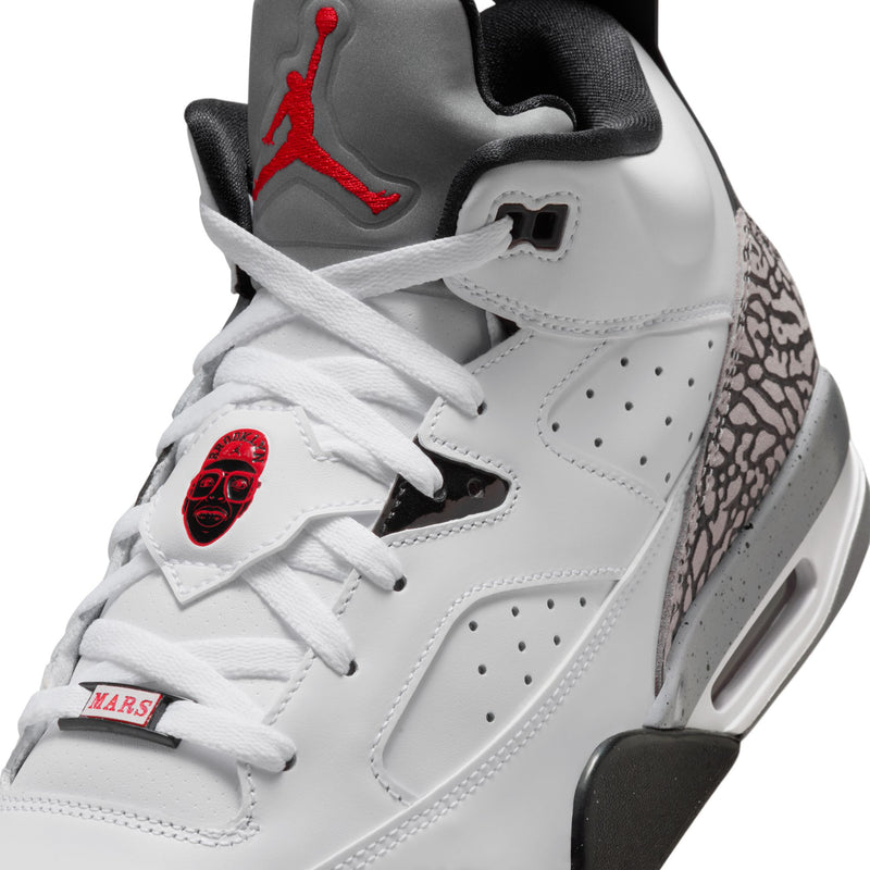 Men's low-top sneaker upper, white with black eyelets, red Jumpman on heel and tongue