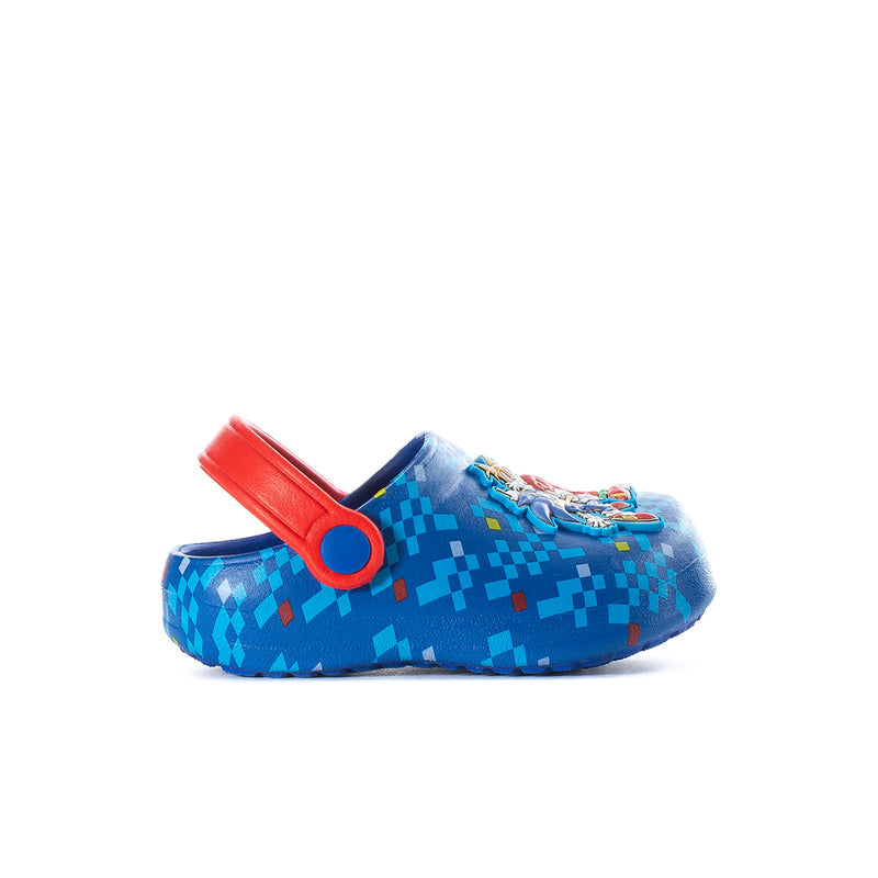 Toddler clogs in blue pixel pattern with red strap and Sonic graphic