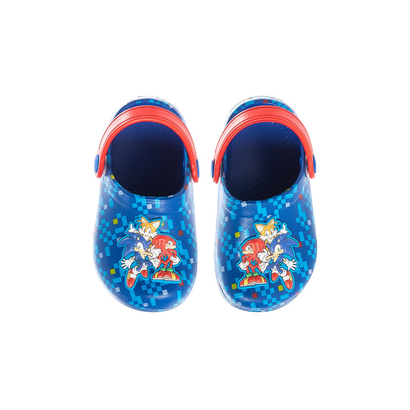 Toddler clogs front view, blue pixel print with colorful character on top