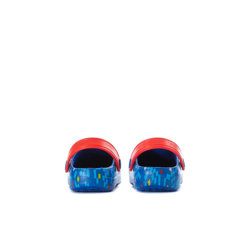 Toddler clogs back view, blue pixel upper with red heel and collar