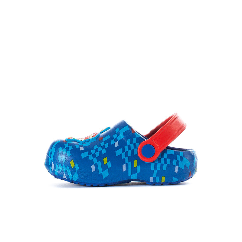 Toddler clogs side view, blue pixel pattern with red heel strap