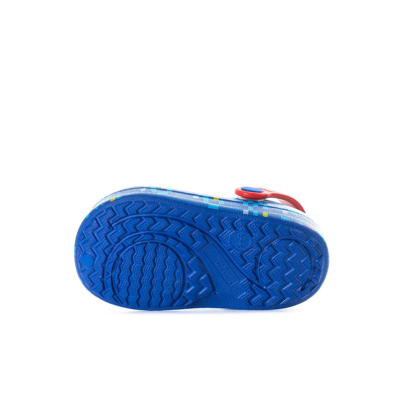 Toddler clog outsole, textured blue tread and red heel detail