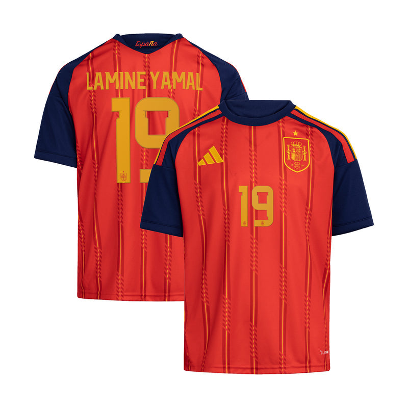 Youth Spain home jersey in vivid red with navy sleeves, name Lamine Yamal and No.19