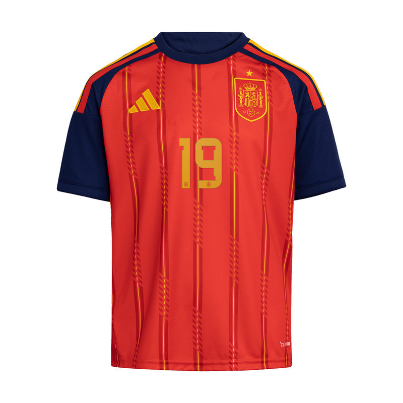 Youth Spain home jersey, red front panel with navy sleeves, number 19 and crest