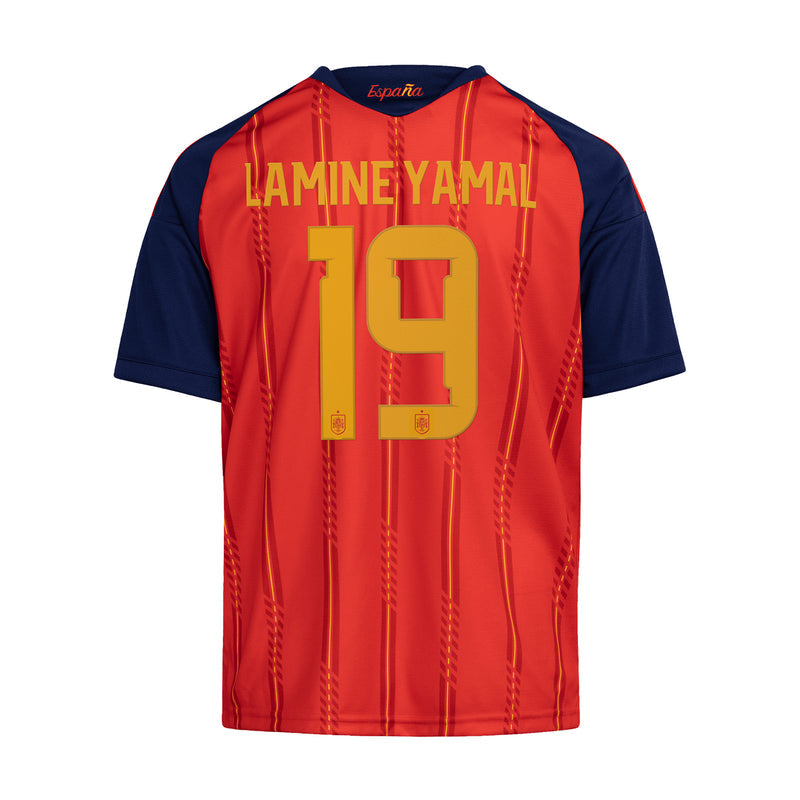 Youth Spain home jersey in red with navy shoulders, Lamine Yamal and No.19 on chest
