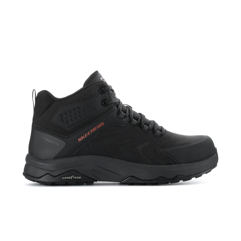 Men's black composite-toe hiking boot with lace-up closure and padded collar.