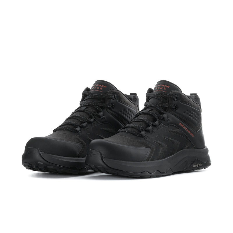 Men's black composite-toe hiking boot, side-by-side front view with chunky tread sole.