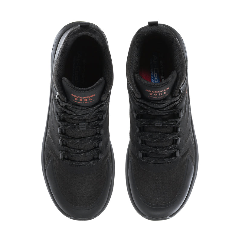 Men's black composite-toe hiking boot, pair view with padded tongue and lace eyelets.