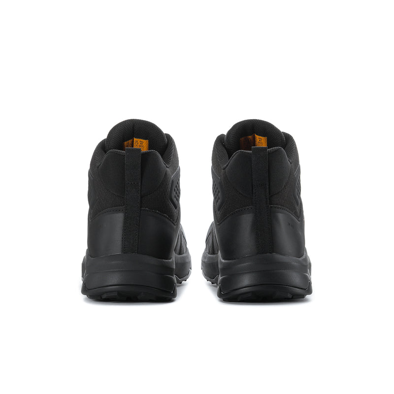 Men's black composite-toe hiking boot, heel and collar back view with pull tab.