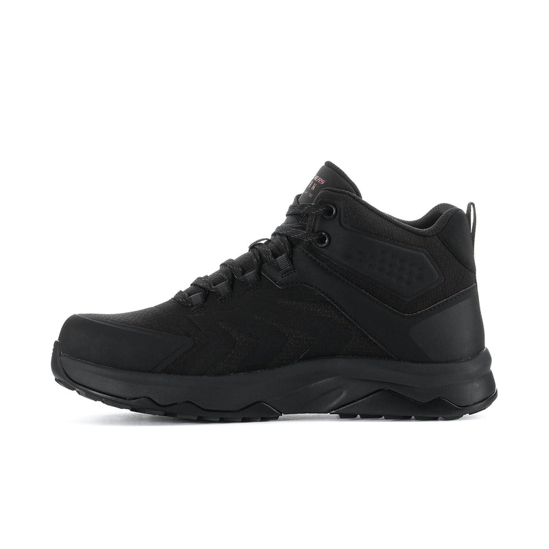 Men's black composite-toe hiking boot, angled side view with stitched panel details.