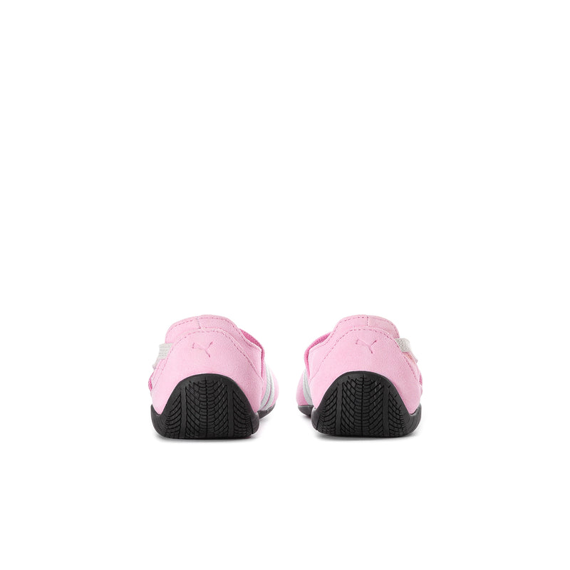 Kids' pink and white ballet shoes, heel view with black outsole and padded back
