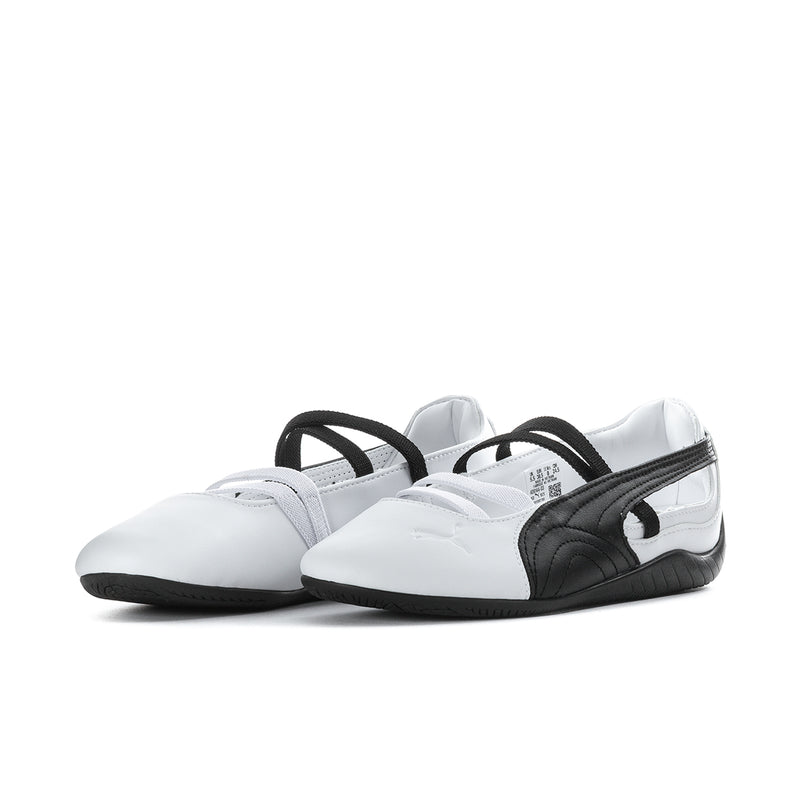 Pair of Speedcat womens ballet flats in white leather with black ankle strap