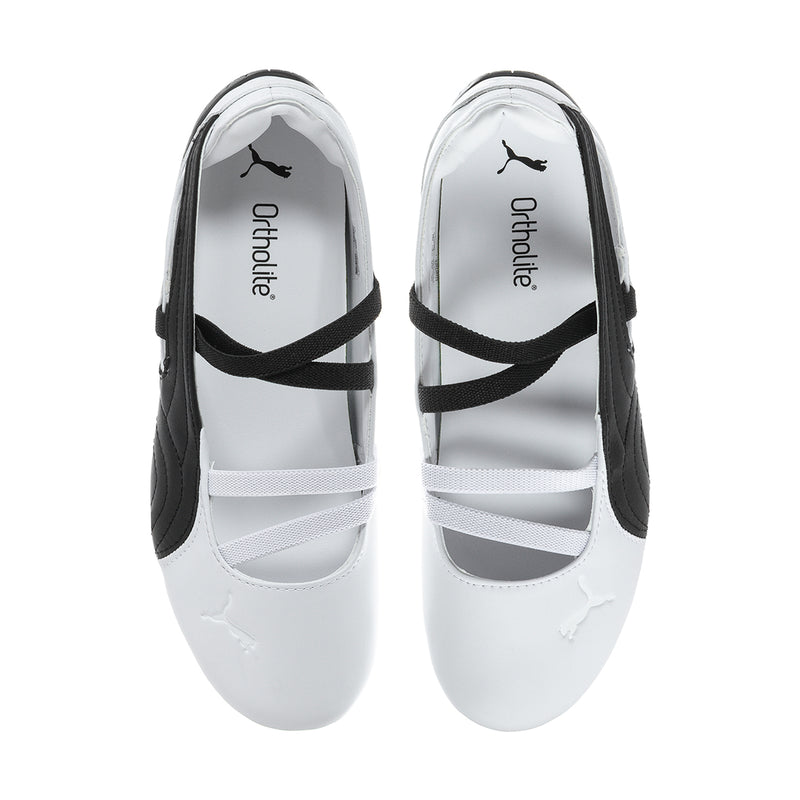 Speedcat womens ballet flats, white leather uppers with black cross strap