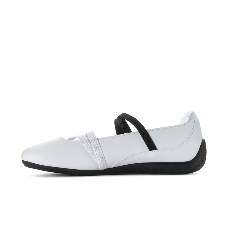 Speedcat womens ballet flats in white leather with black strap and rubber sole
