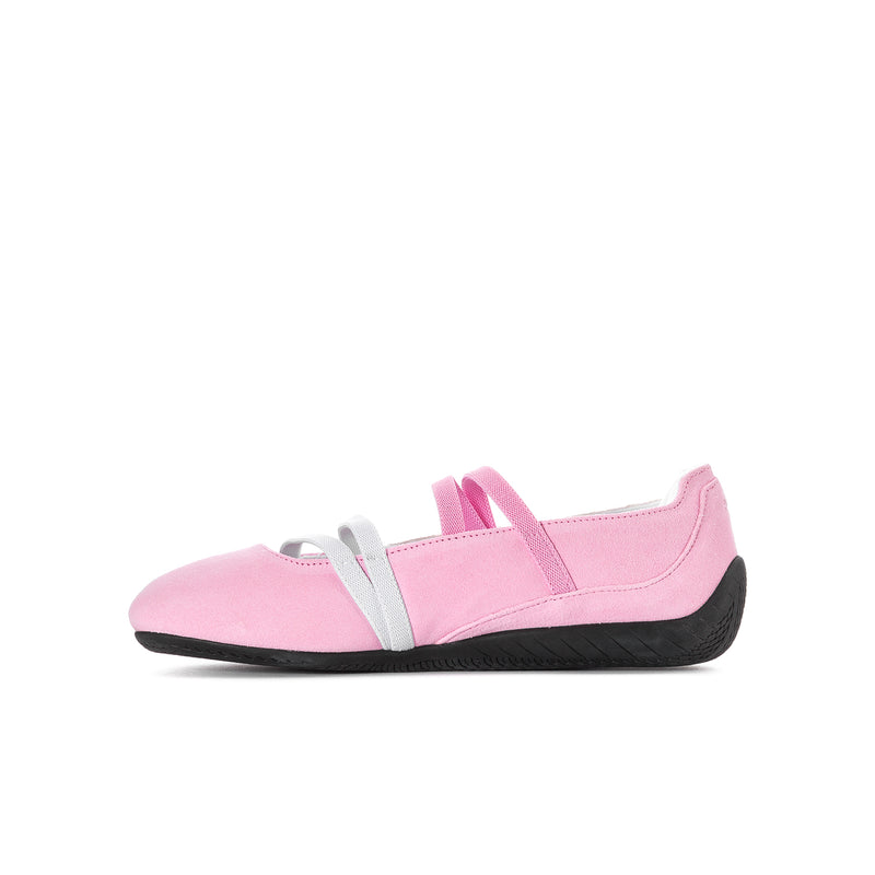 Youth ballet sneakers, side view, pink upper with white strap and black sole