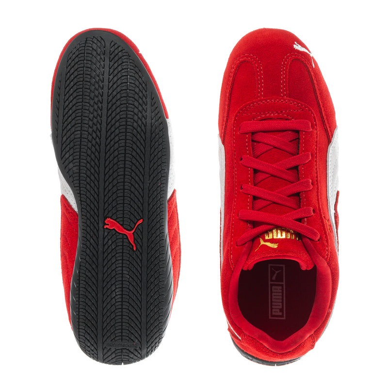 Kids red sneaker sole and lace-up toe view with black tread and Puma logo