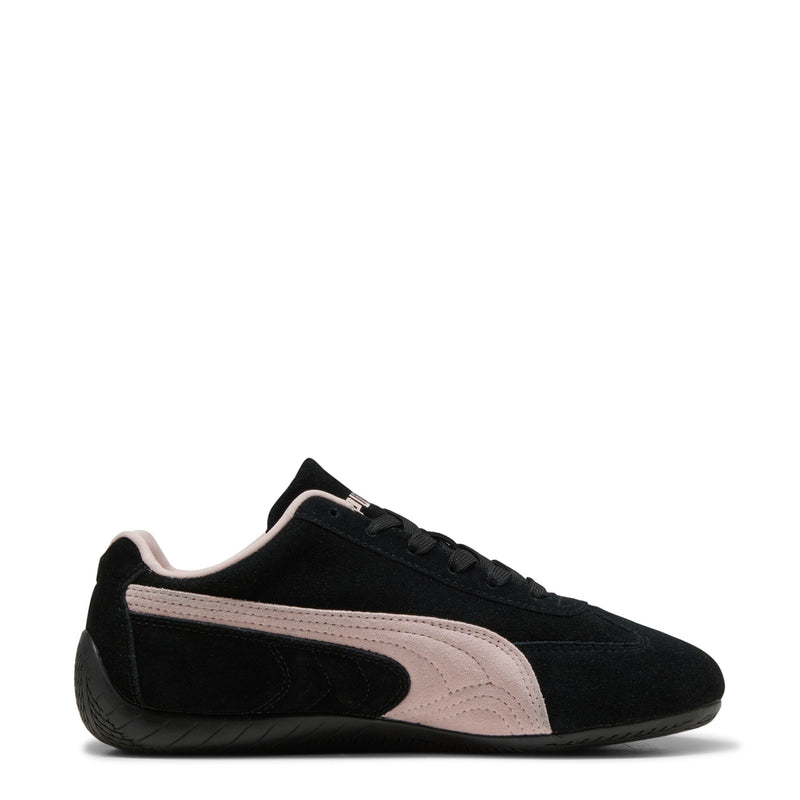 Low-profile black PUMA Speedcat OG sneaker with mauve stripe across the sides