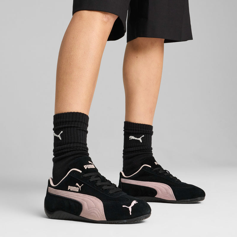 PUMA Speedcat OG women's sneakers with black socks and mauve accent stripes