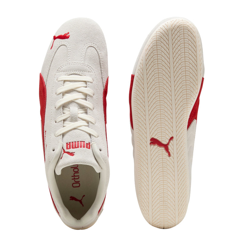 Women's Puma sneaker outsole and heel view; cream sole with red side panel