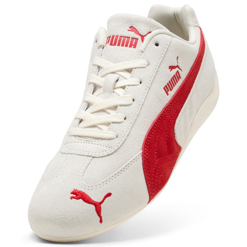 Women's Puma sneaker side view; off-white leather with red stripe and Puma cat logo