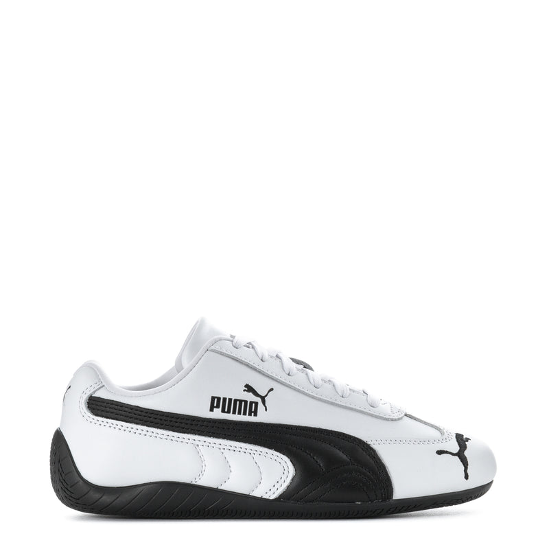 White and black women's leather sneakers with Puma logo and lace-up front