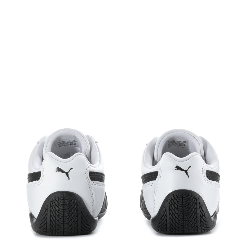 Women's white leather sneakers heel view with Puma logo and black rubber tread
