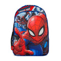 Spider-Man themed backpack with red-and-blue character print, front zipper pocket