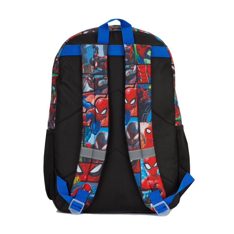 Spider-Man themed backpack with adjustable padded shoulder straps, black back panel