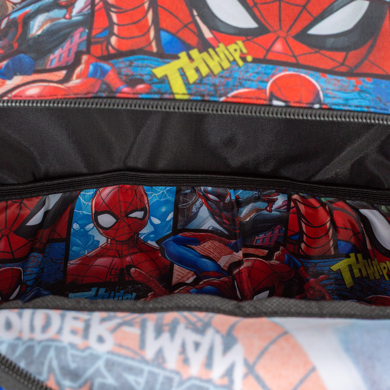 Spider-Man backpack interior lining with colorful comic-style print and zipper