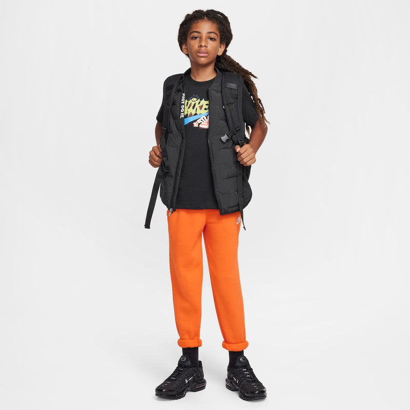 Youth black graphic T-shirt, front view, colorful spider artwork and blue swoosh