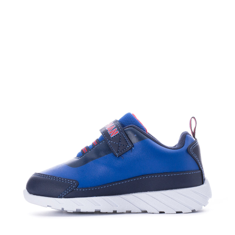 Toddler blue athletic sneakers with velcro strap and red-blue Spider-Man accents.