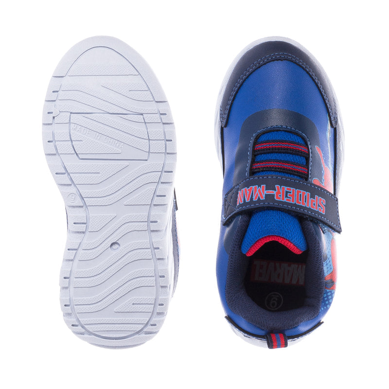Toddler sneakers: white treaded outsole and blue padded interior with Spider-Man logo.