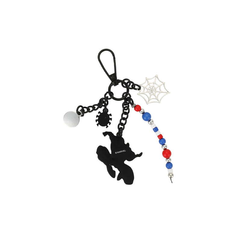 Spider-themed bag charm with black hero silhouette, web charm, and blue/red bead tassel