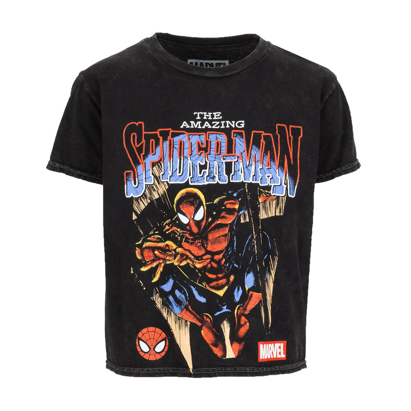 Youth black mineral wash T-shirt with large Spider-Man superhero graphic on front