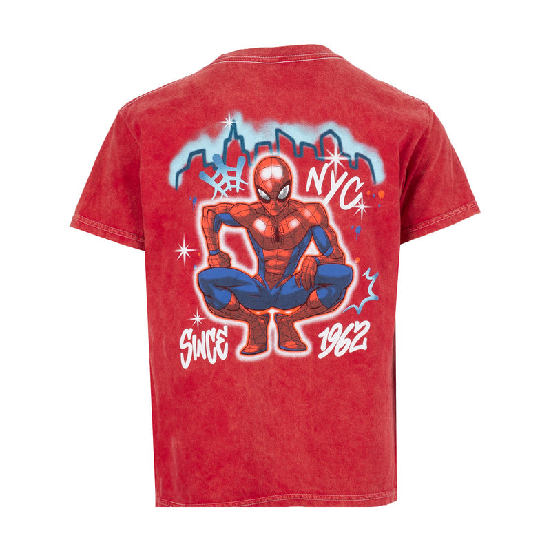 Youth red mineral-wash T-shirt with Spiderman graphic on back
