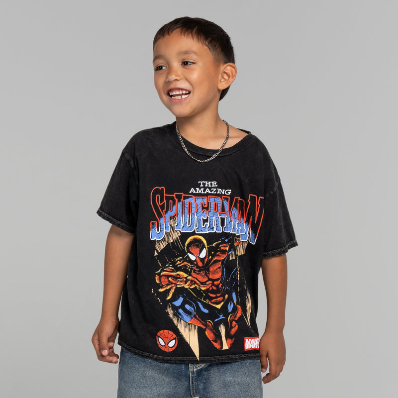 Youth black mineral wash T-shirt with Spider-Man front graphic and Marvel logo